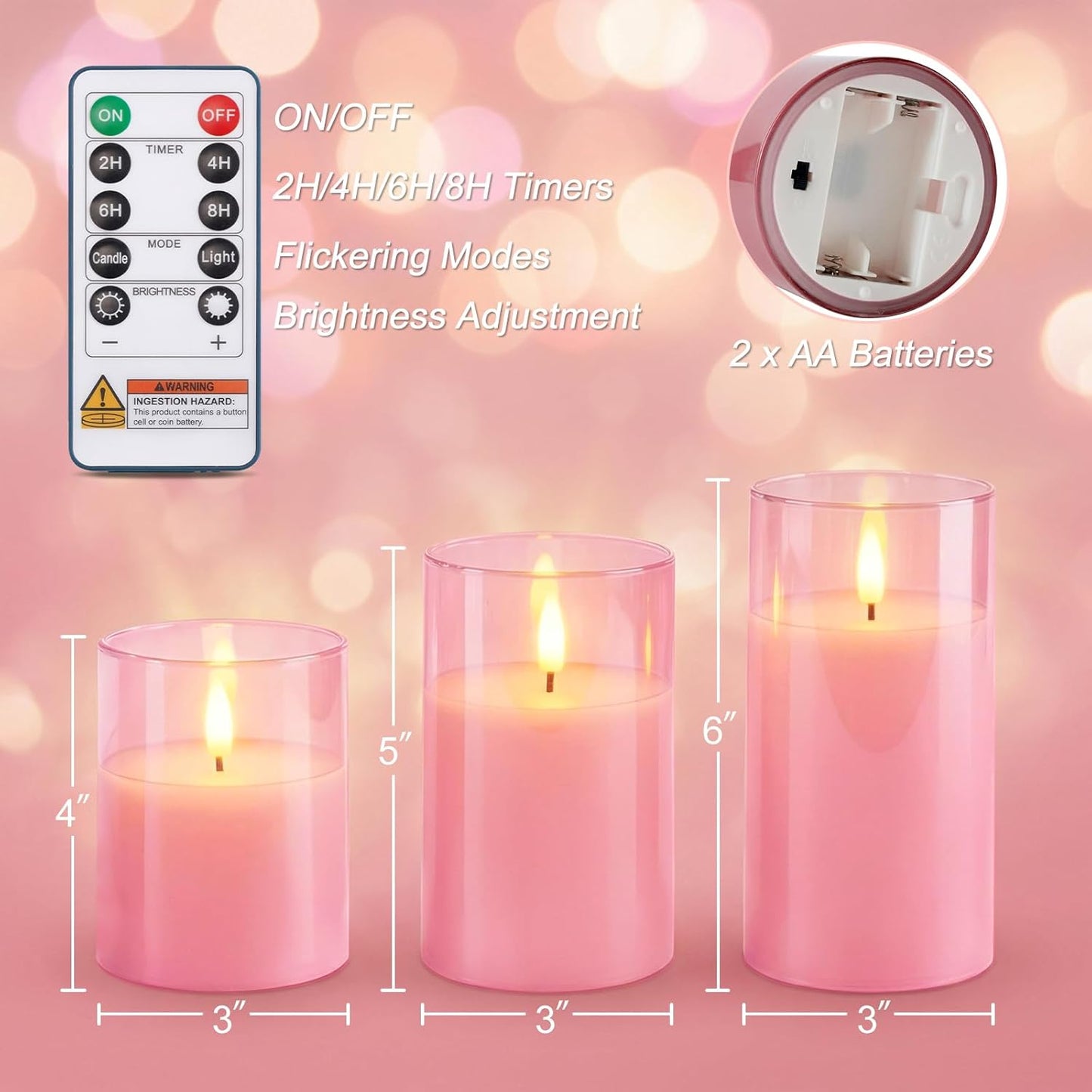 Homemory Green Glass Flameless Candles, Battery Operated LED Pillar Candles with Remote Control and Timer, Radiance Candles, Real Wax, Set of 3,D3 xH4 5" 6"