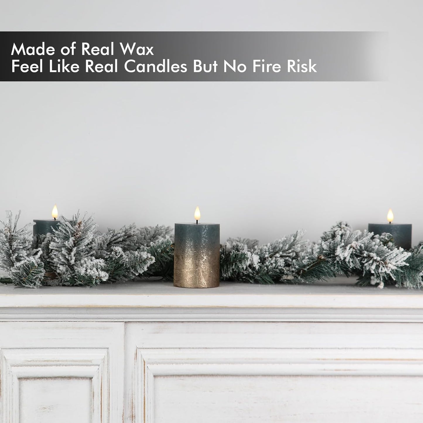 Fanna Flameless LED Pillar Candles with Timer for Wreath, Battery Operated Rustic Wax Candles with Remote for Christmas, 8 Batteries Included - Set of 4 (D 3" x H 4") - Sand Grey/Gold