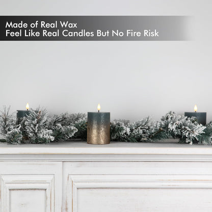 Fanna Flameless LED Pillar Candles with Timer for Wreath, Battery Operated Rustic Wax Candles with Remote for Christmas, 8 Batteries Included - Set of 4 (D 3" x H 4") - Sand Grey/Gold
