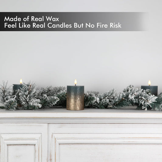 Fanna Flameless LED Pillar Candles with Timer for Wreath, Battery Operated Rustic Wax Candles with Remote for Christmas, 8 Batteries Included - Set of 4 (D 3" x H 4") - Sand Grey/Gold