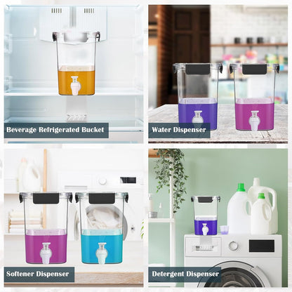Soaoo 3 Set 67.6 oz Liquid Laundry Detergent Dispenser with Faucet and Cup Holder Labels Plastic Fabric Softener Container Detergent Drip Catcher for Laundry Room Washing Soap