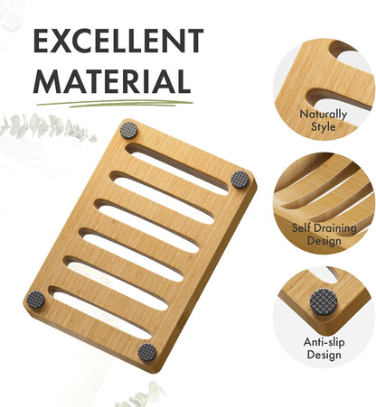 AmazerBath Soap Holder Soap Dish, Bamboo Soap Dish, 2 Pack Wood Bar Soap Holder for Shower, Trays Self Draining, Soap Saver for Shower, Bathroom, Kitchen(Natural Color)