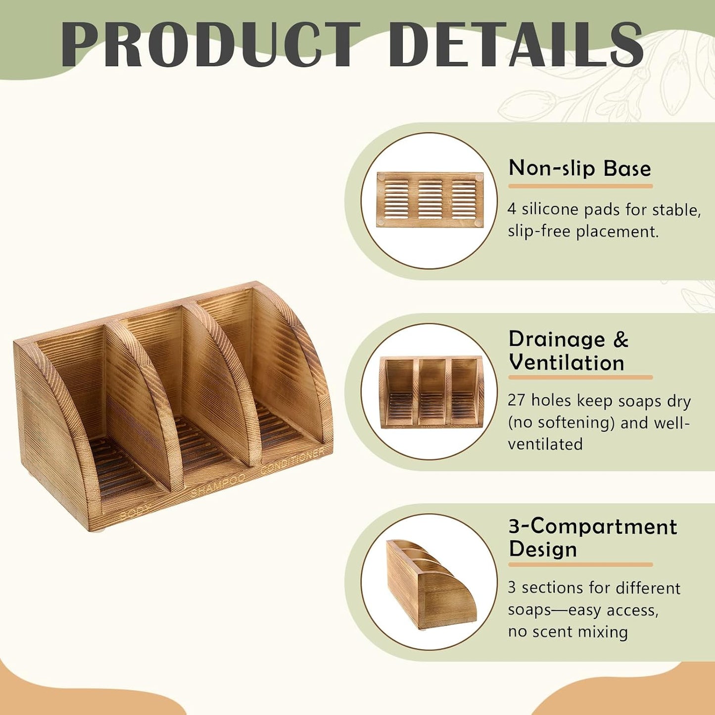 Wooden Shampoo Bar Holder Multi Bar Soap Dish with Self Draining, 3 Slot, Natural Wood Soap Holder for Shower Conditioner Bathroom Organizer, Extend Shampoo Life, Keep Dry Neat