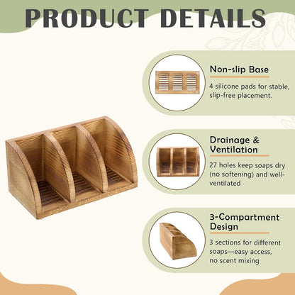 Wooden Shampoo Bar Holder Multi Bar Soap Dish with Self Draining, 3 Slot, Natural Wood Soap Holder for Shower Conditioner Bathroom Organizer, Extend Shampoo Life, Keep Dry Neat