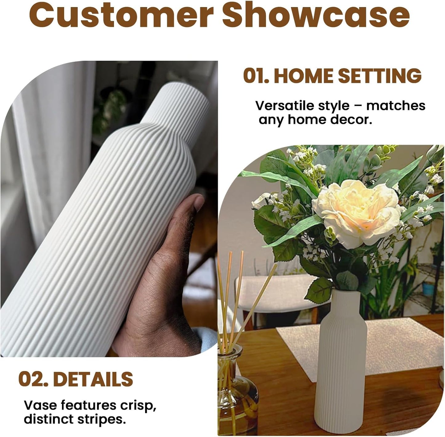 White Ceramic Flower Vases Set of 3, Modern Matte Vertical Ribbed, Nordic Minimalist Decor for Pampas, Dried & Fresh Flowers, Centerpiece for Living Room, Shelf, Entryway, Wedding,Office