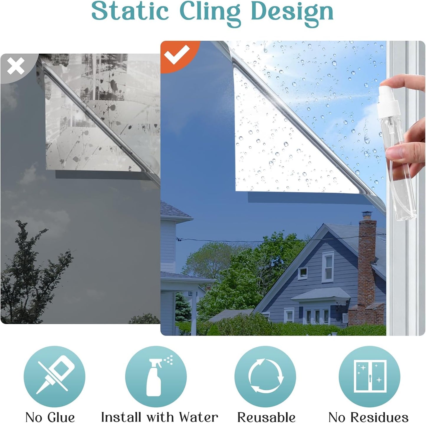 Haton Window Privacy Film, Stained Glass Rainbow Film Decorative Window Clings, Static Cling Sun Blocking Stickers Decals Coverings Tint for Home Heat Control, Non-Adhesive 17.5" x 78.7"