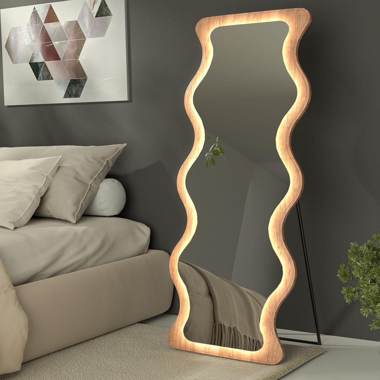 65" x 24" LED Wavy Full Length Mirror Wood Framed Full Body Mirror with Lights,Shatter-Proof Hanging/Leaning Irregular Wall Mirror Wooden Floor Mirror for Dressing Bedroom Living Room
