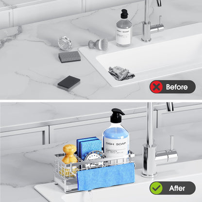 Kitchen Sink Sponge Holder, Rustproof Non-Slip Self-Draining Metal Sink Caddy with Detachable Dish Cloth Holder (Black)