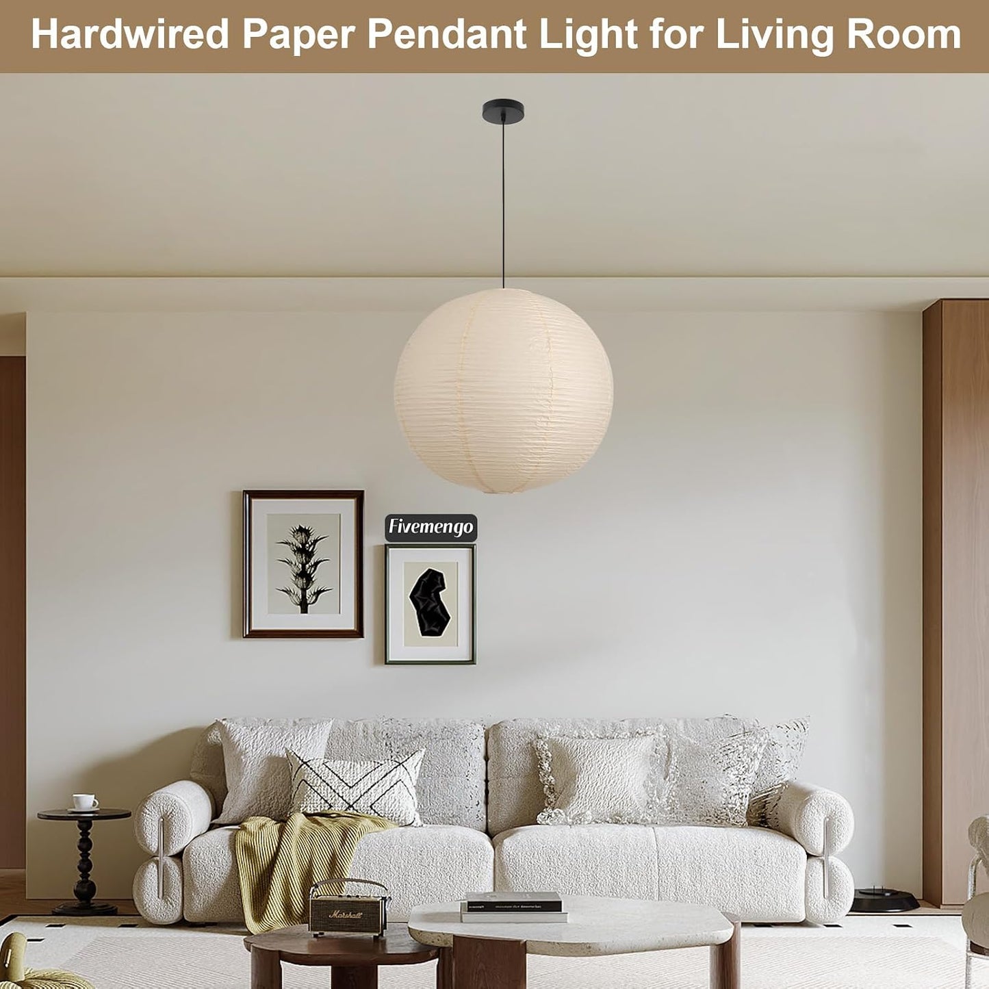 Large Rice Paper Pendant Light Kit, 20in White Globe Paper Lantern Lights, E26 Base, Japanese Hanging Lantern Lamp Japandi Chandelier for Dining Room Bedroom Office Living Room