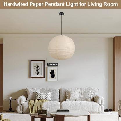 Large Rice Paper Pendant Light Kit, 20in White Globe Paper Lantern Lights, E26 Base, Japanese Hanging Lantern Lamp Japandi Chandelier for Dining Room Bedroom Office Living Room