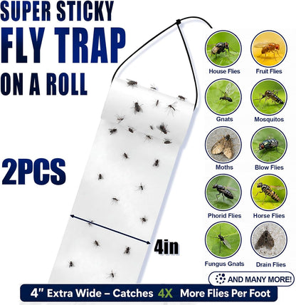 2 Roll Sticky Fly Tape 30 ft x 4 Inch Each Roll Hanging White Fly Paper with Strip Indoor Outdoor Non Toxic Fruit Gnat Killer for Kitchen, Restaurant, Garage, Patio, Horse Stable, Pet Areas