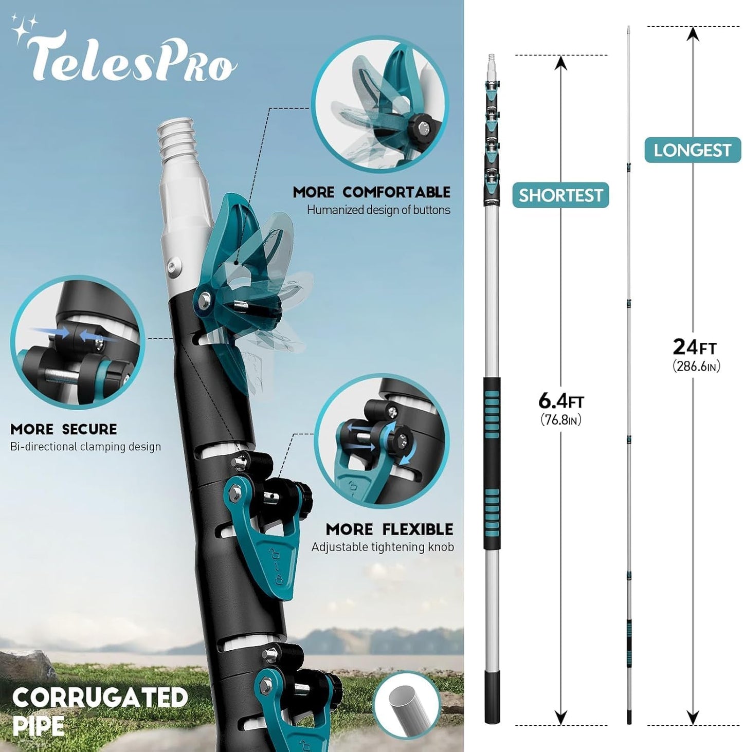 TelesPro 20 Foot High-Reach Duster Kit with 5-12FT Extendable Pole - High Ceiling Duster Cleaning Kit with Telescopic Pole,Cobweb Duster, Chenille Ceiling Fan Duster, Microfiber Feather Duster
