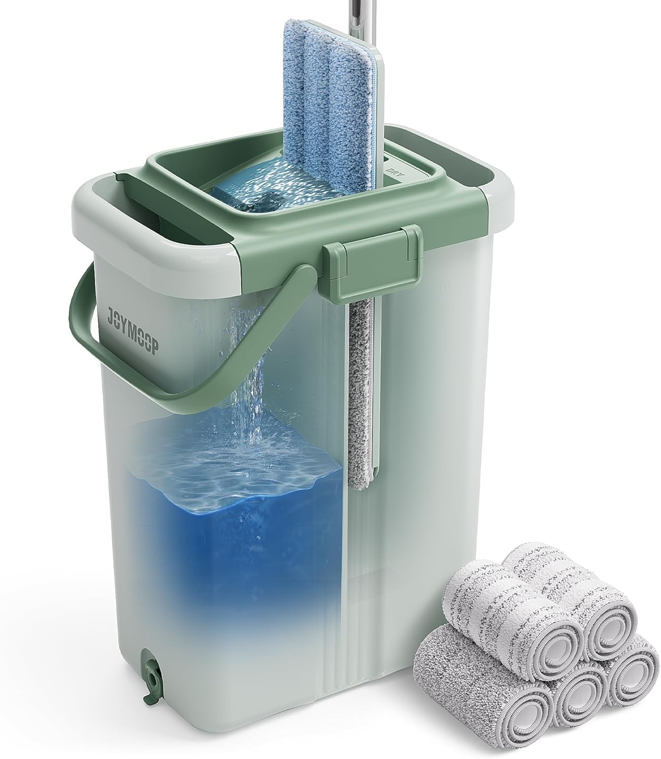JOYMOOP Mop and Bucket Set, Flat Mops for Floor & Wall Cleaning, Commercial & Household Use, Hardwood Floor Mop with Long Handle & 4 Microfiber Pads