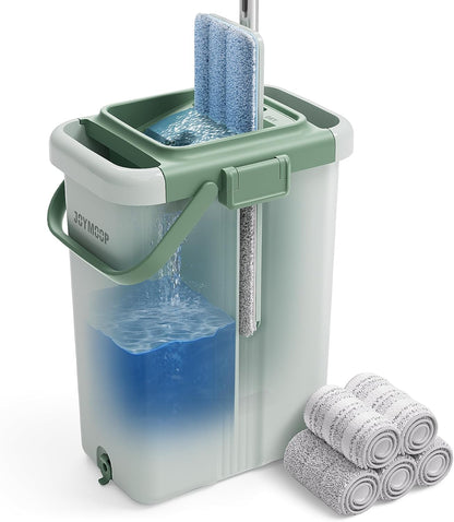 JOYMOOP Mop and Bucket Set, Flat Mops for Floor & Wall Cleaning, Commercial & Household Use, Hardwood Floor Mop with Long Handle & 4 Microfiber Pads