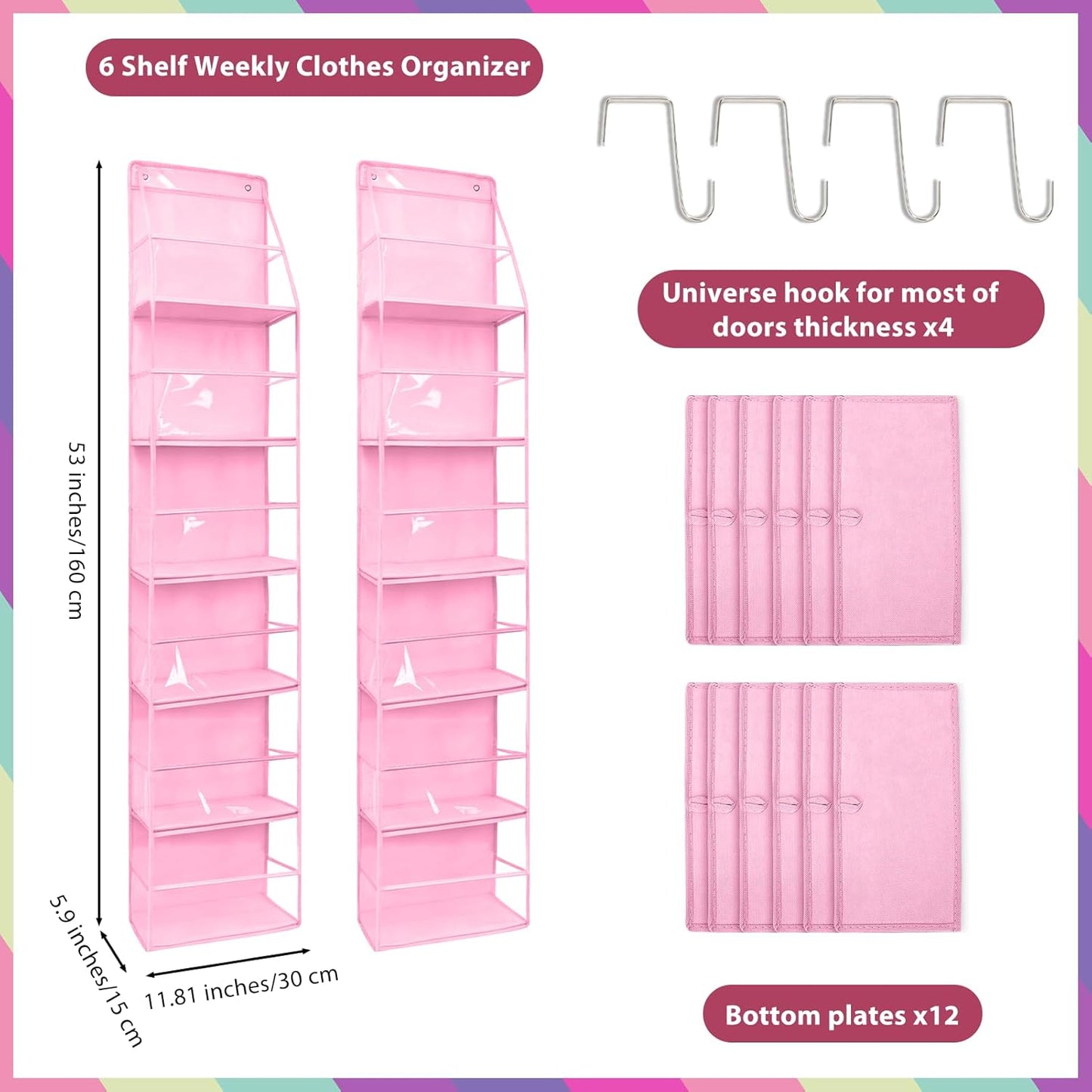 2 Pack Weekly Clothes Organizer for Kids, 6 Shelf Hanging Closet Organizer with Clear Window, Foldable Days of the Week Over the Door Outfit Organizer with Labels for Closet School
