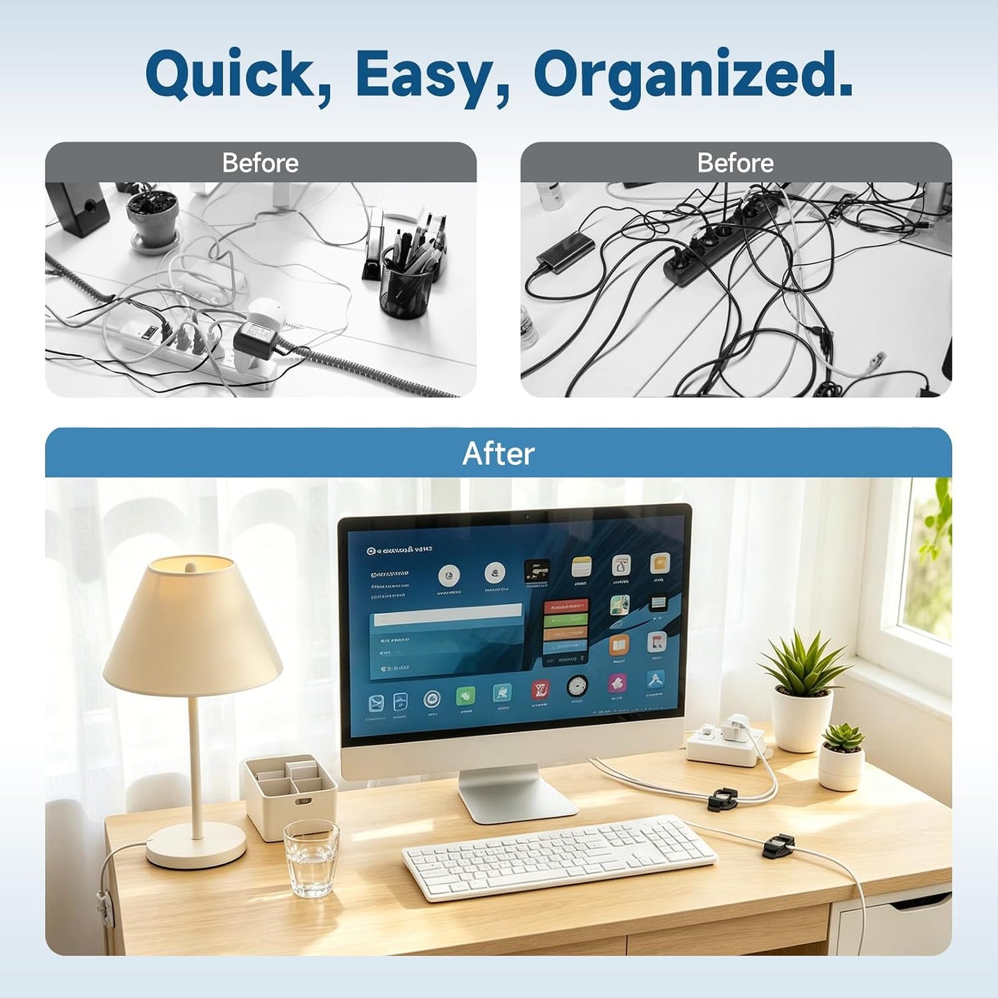 Adjustable Cable Management Clips, Self Adhesive Cord Organizer with Elastic Loop, Reusable Cable Holder for Desk, Under Desk, Wall, TV, Office, Home, Charging Cables, USB, HDMI, PC Wires (10)