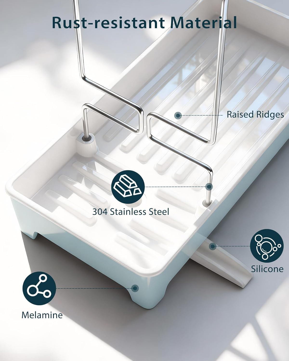 Minimalist Sink Caddy, Rustproof Sponge Holder for Kitchen Sink with 304 Stainless-Steel Brush Holder, Countertop Rack Organizer with Raised Ridges & Silicone Drain Tube (Black, Large)