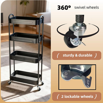 3 Tier Slim Metal Rolling Storage Cart for Laundry Room & Kitchen Organizer, 7.1'' Thin Standing Shelf for Narrow Spaces, Utility Cart with Wheels & Lockable Casters for Bathroom, Black