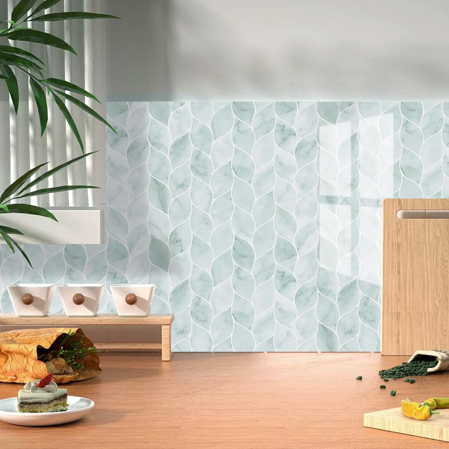 Tilingview 10 Pcs Vinyl Leaf Peel and Stick Tile for Kitchen Backsplash, Premium Self-Adhesive Tiles Plastic Wall Stickers Art Mosaics (Blue Gray)