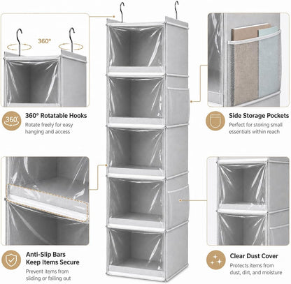 Vailando Hanging Closet Organizer – 5 Shelf Closet Hanging Storage Shelves with Clear Dust-Proof Covers for Clothes, Shoes, Purses, Gray