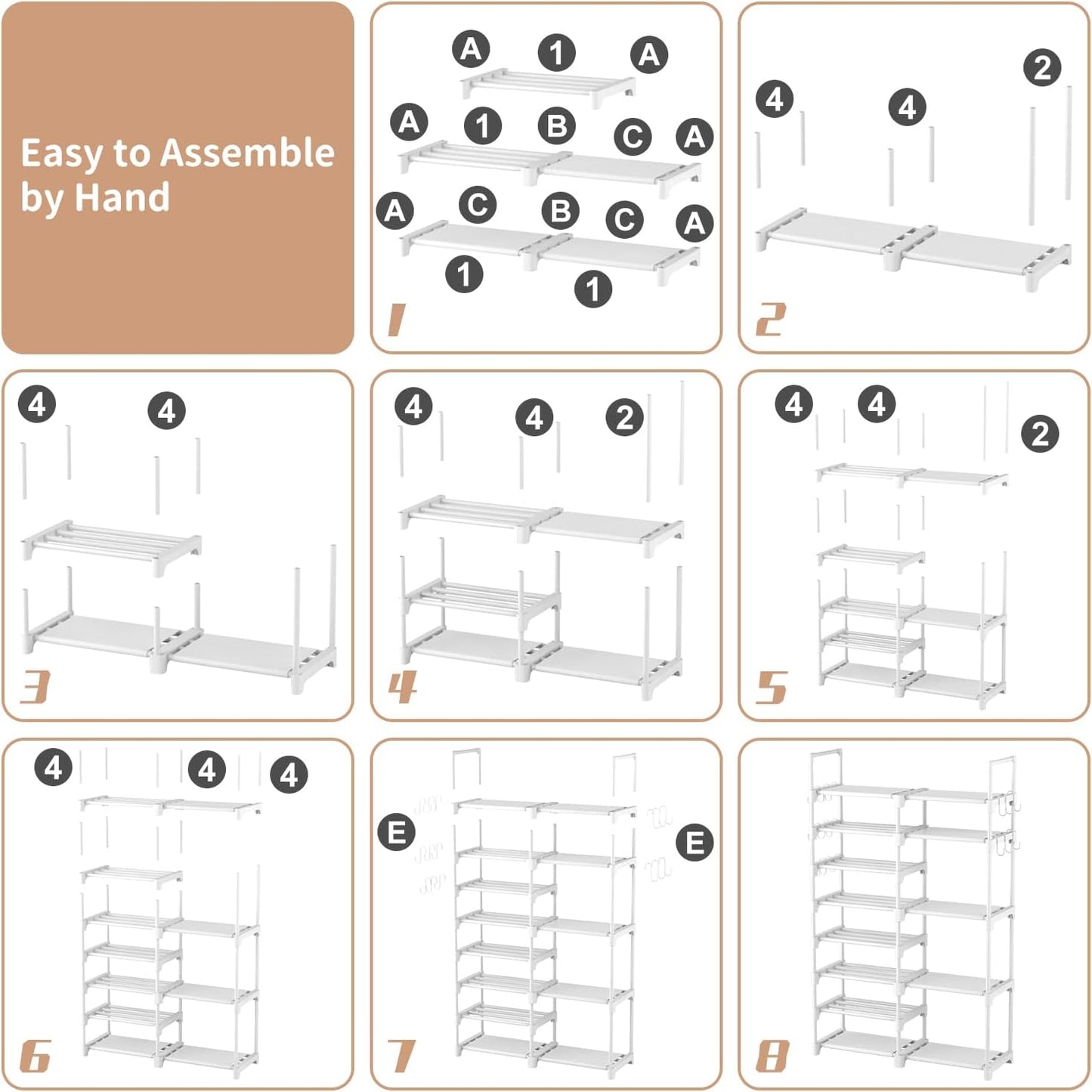 ROJASOP Shoe Rack Organizer, 8-Tier Metal Shoe Rack for Closet Entryway Garage, 26-32 Pairs Tall Shoe Boot Storage Shelf with 15 Hooks, Stackable Large Shoe Stand