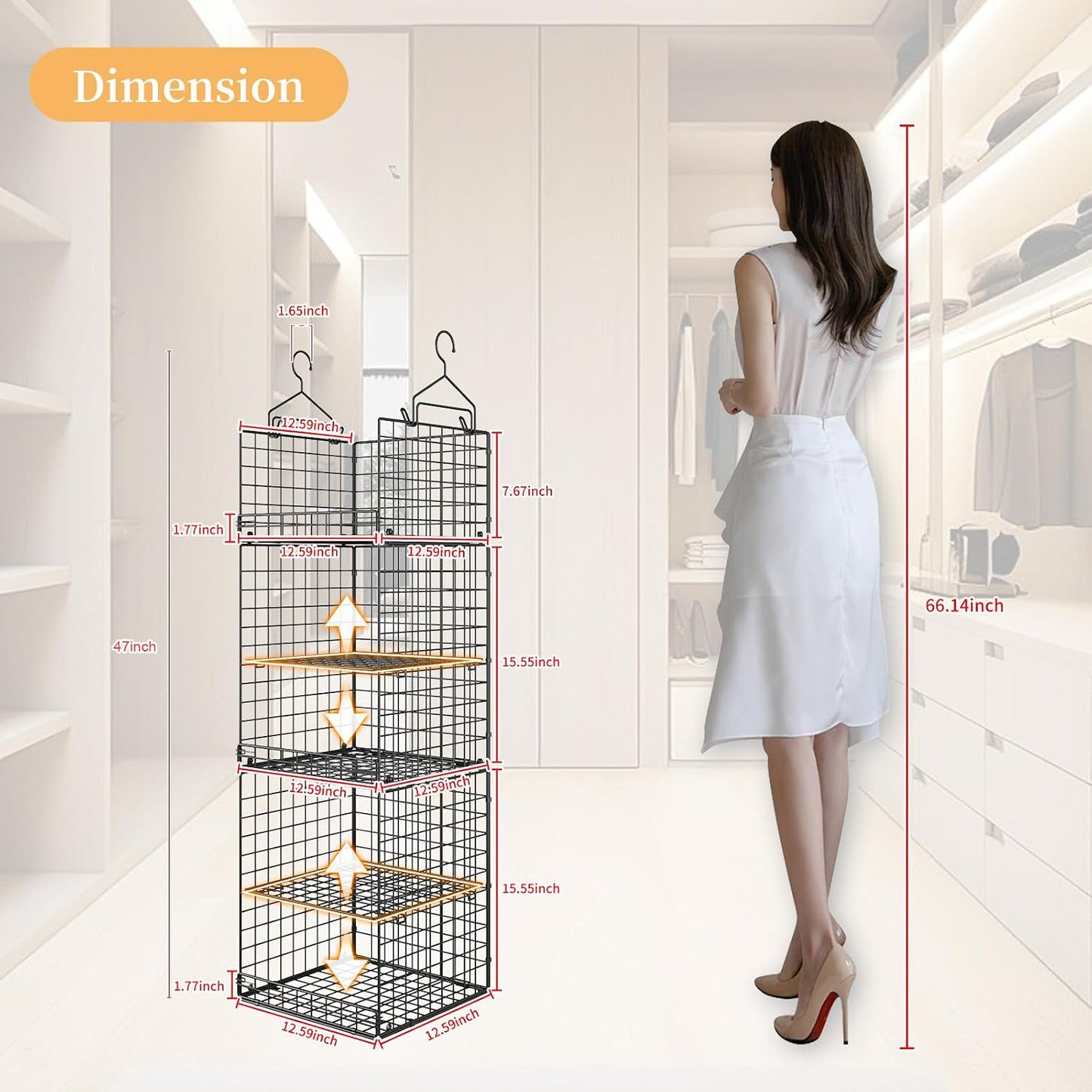 Yuyetuyo 5 Tier Closet Hanging Organizer and Storage Separable Hanging Closet Shelves with 4 Hooks 2 Adjustable Dividers, Wire Storage Basket Bins for Clothing Sweaters Socks Dolls Handbags, Foldable