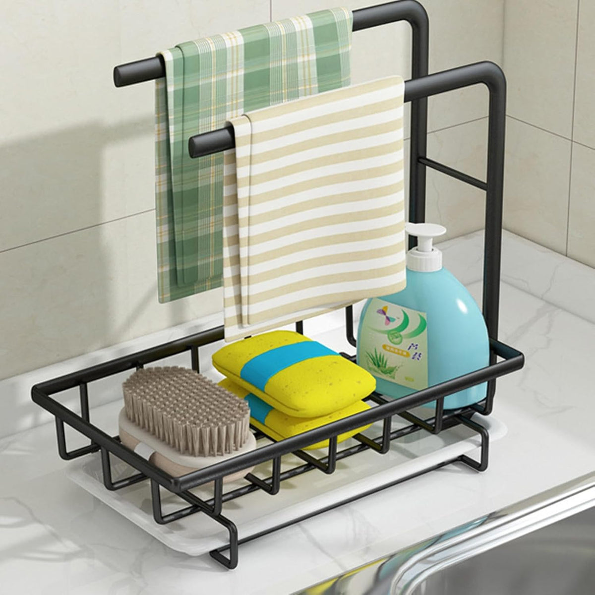 Wall-Mounted and Desktop Kitchen Sponge Draining Rack Black Dishcloth Holder Sink Shelf Home Essentials Storage Organizer for Kitchen Cleaning