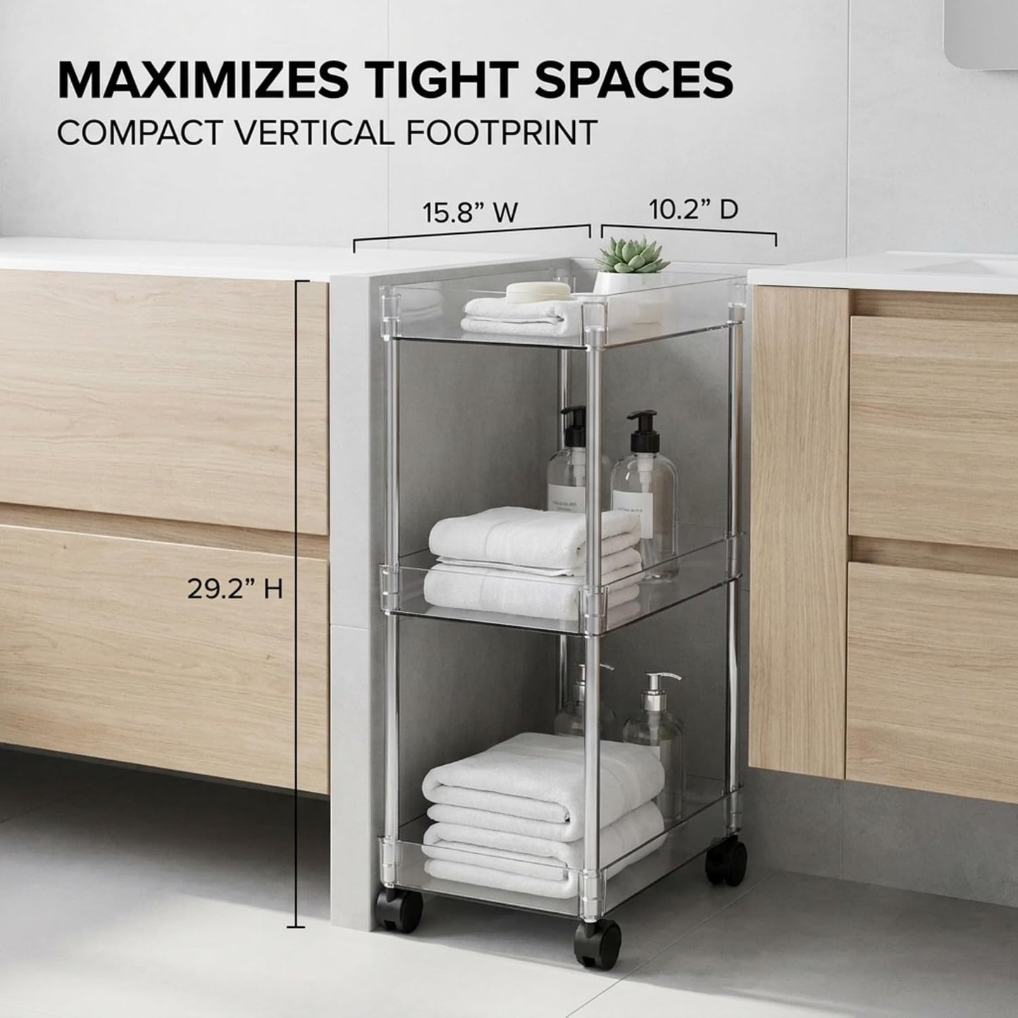 American Dream Home Chrome/Clear Acrylic Slim 3-Tier Rolling Cart Portable Narrow Storage Trolley with Wheels, Transparent Shelves for Bathroom, Kitchen, Office & Small Spaces