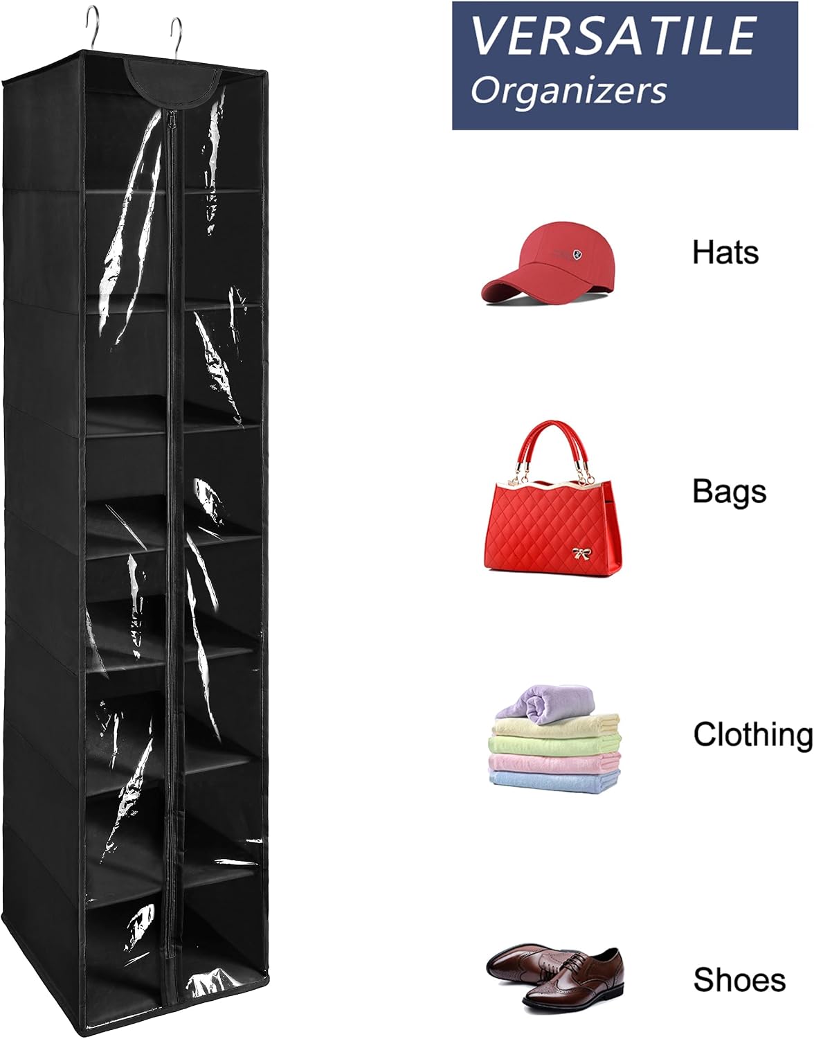 Libeder Hanging Closet Organizer, 8-Shelf Wardrobe Clothes Storage Organizer with Zipper,Hanging Shelves for Sweater,Shoes,Purse,Hats,White