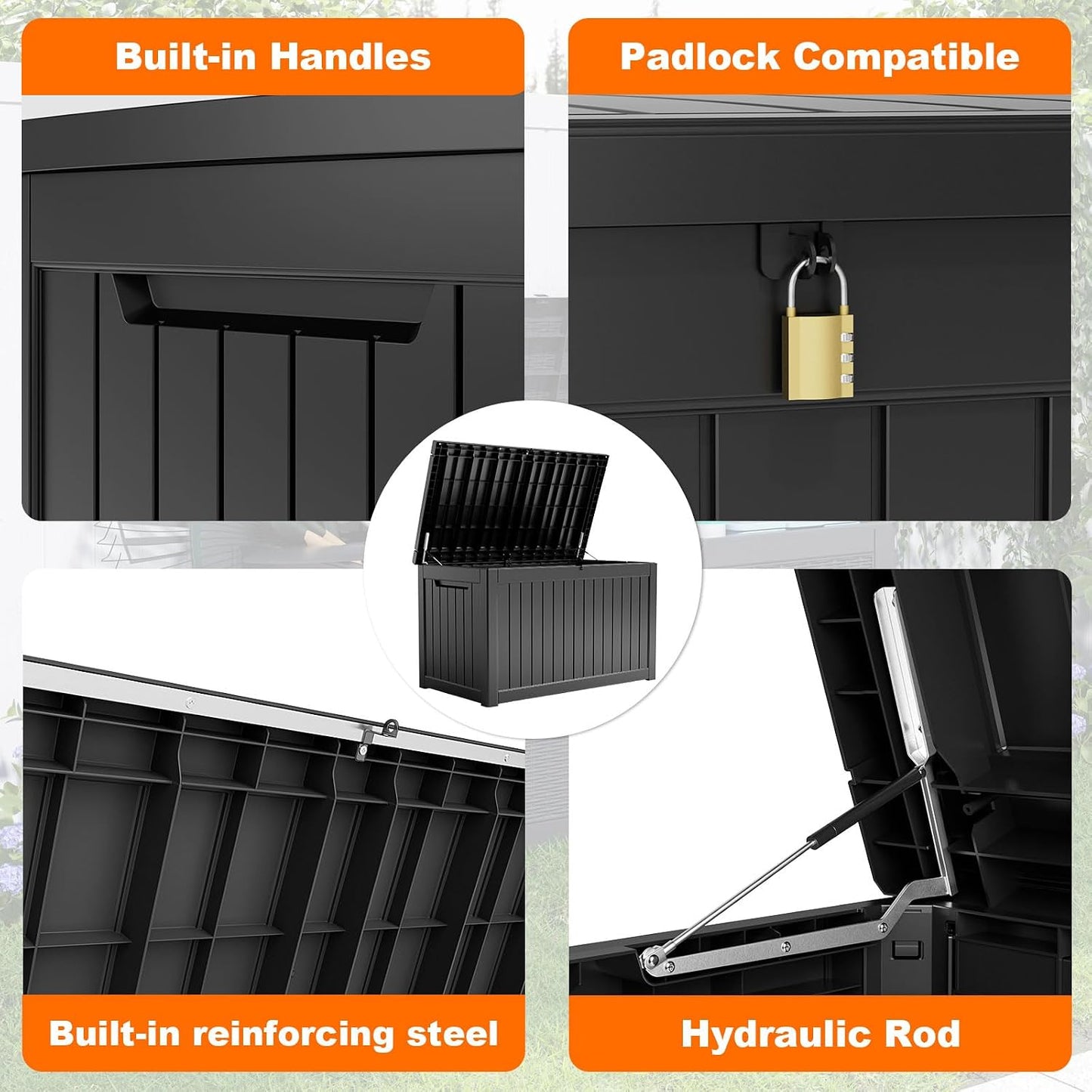 60 Gallon Outdoor Waterproof Storage Box, UV Resistant Resin Deck Box with Built-in Handle, Outdoor Storage Container for Patio Furniture, Garden Tools, Patio Cushions, Black