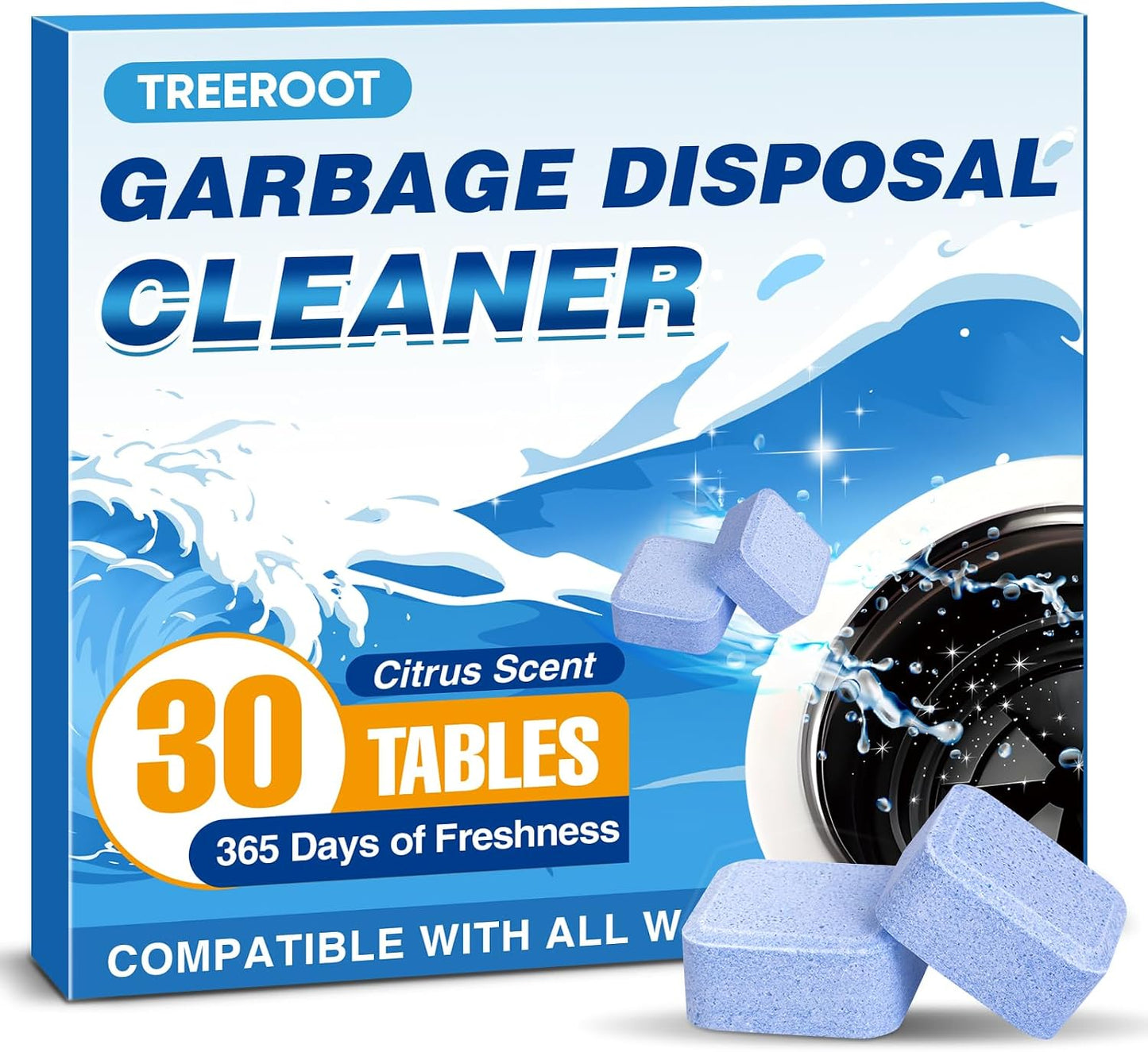 Treeroot Garbage Disposal Cleaner and Deodorizer Tablets, 30 Pack Blue Foaming Cleaning Tablets, Citrus Scent Disposal Cleaner for Kitchen Sink, Drain Cleaning and Odor Control, 15-Month Supply