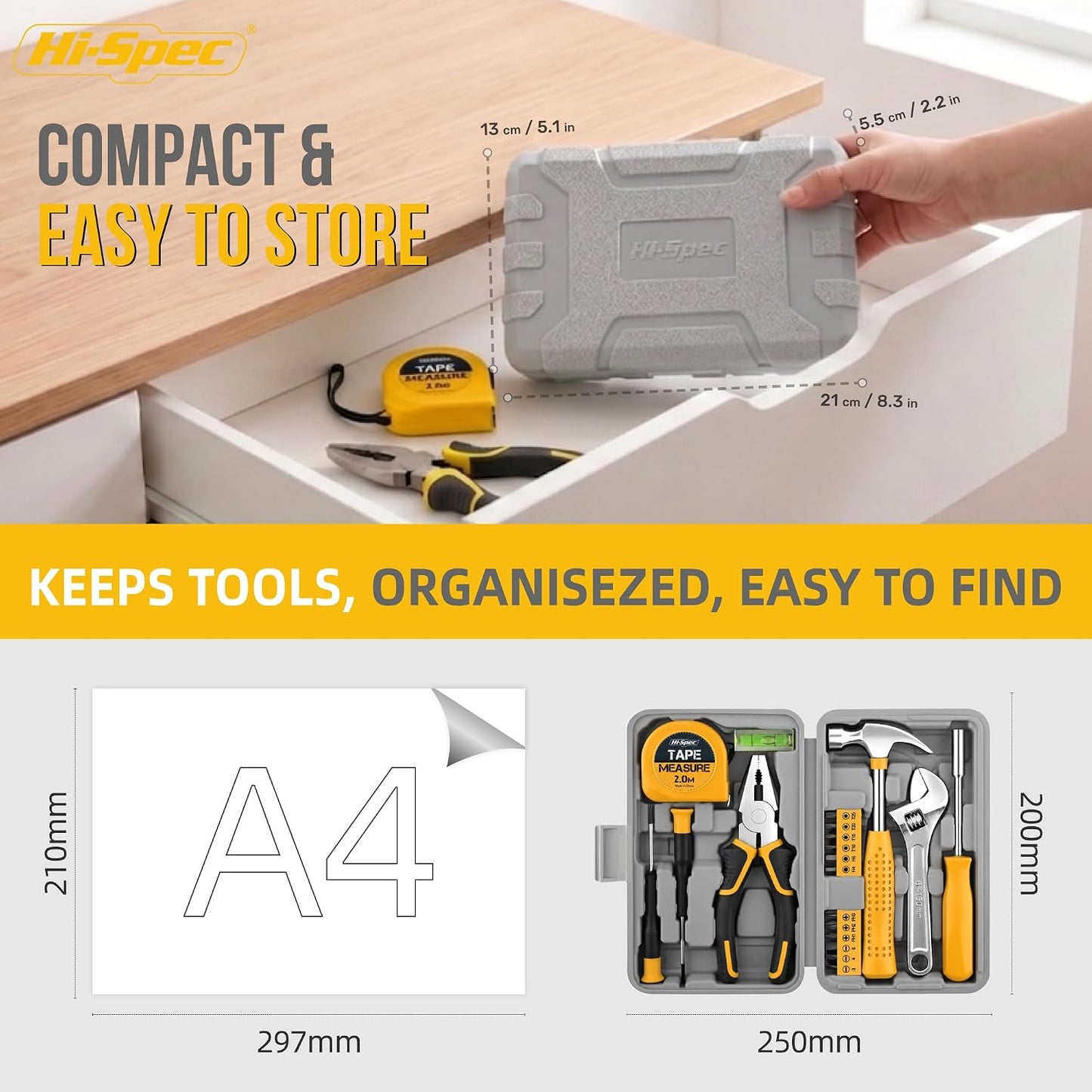Hi-Spec Tool Kit Yellow 20pc. Small Tool Kit for Home DIY & Office Repairs. Compact and Lightweight Essential Tools in a Portable Book-Sized case.