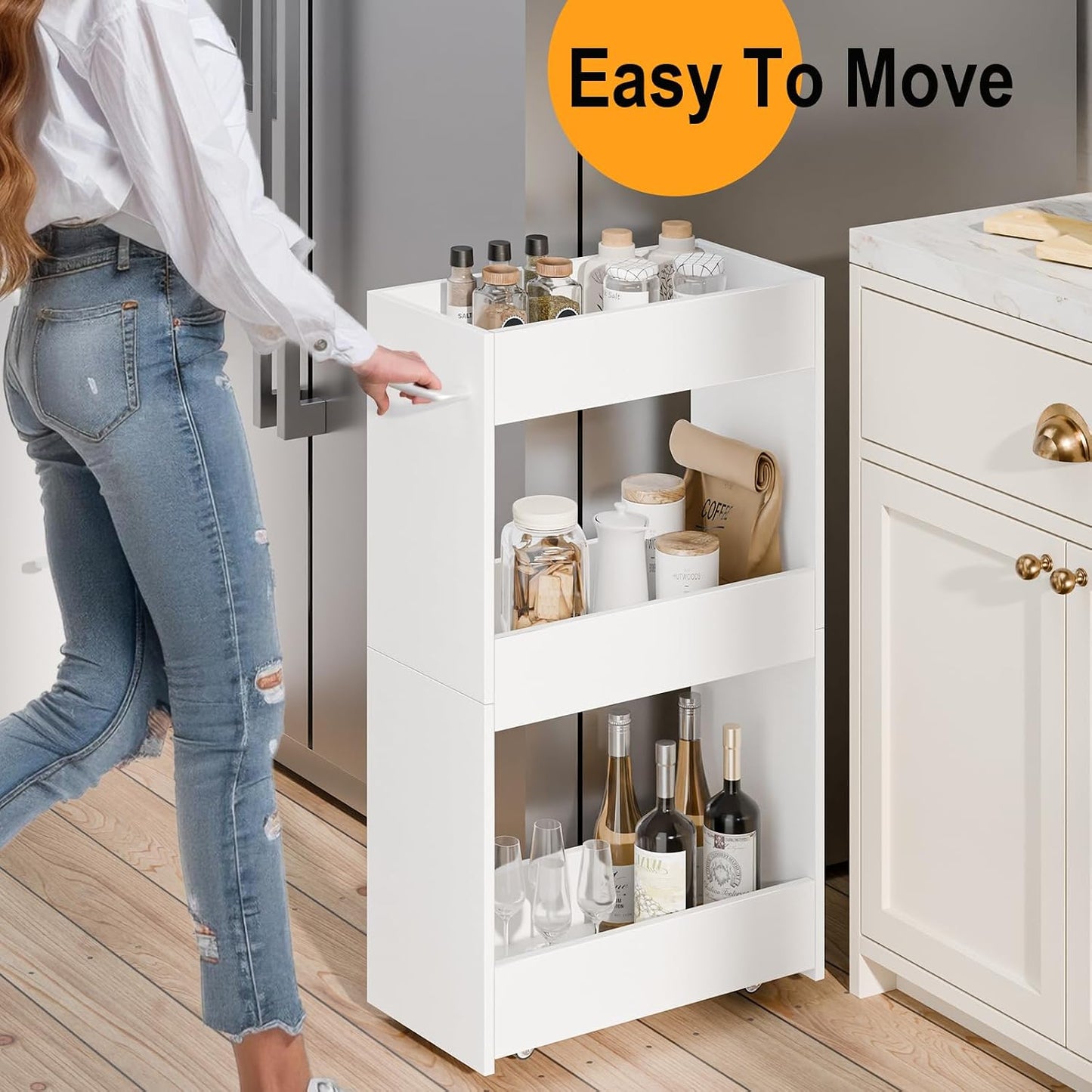 MARTY Wood Rolling Storage Cart 7.9" W, 3 Tier White Slim Utility Kitchen Cart on Wheels Laundry Room Bathroom Organizers Narrow Shelves with Handle Mobile Shelving Unit for Small Places
