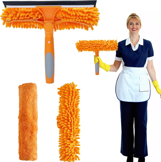2 in 1 Window Washing Squeegee & Duster with 2 Pad Compatible with Standard 3/4 Inch Threaded Poles for Home Indoor Outdoor Window Washing/Duster Head Only (Orange)