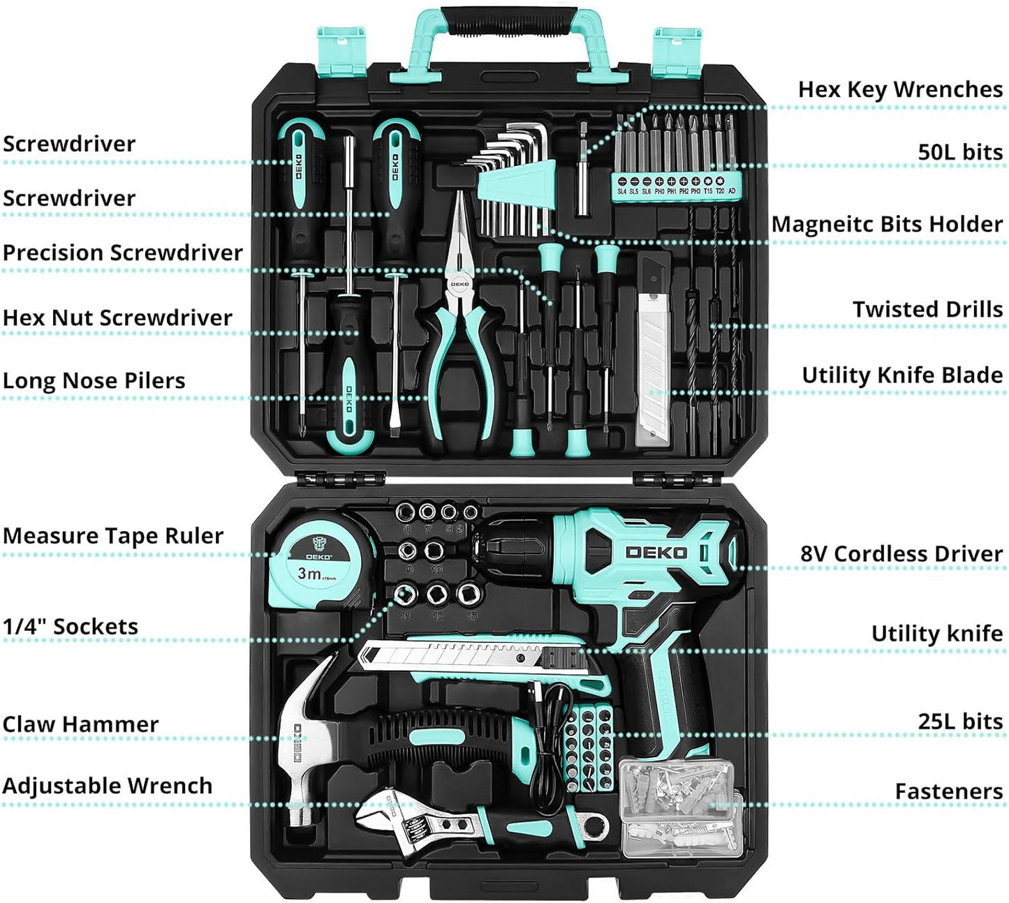 DEKOPRO Tool Set：Tool Kit with 8V Cordless Drill,Tool Box with Drill,Hand Drill Set for Men & Women,Home Tool Kits for House Repair,Handyman,DIY 126 Piece