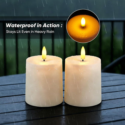 Raycare 3"x2.5" White Outdoor Waterproof Flameless Candles with Remote and Timer, Realistic LED Candles, Battery Operated Electric Fake Pillar Candles for Porch, Patio, Garden, Set of 2