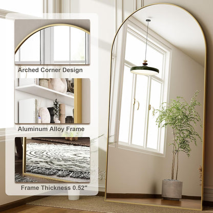 HARRITPURE 64"x21" Arched Full Length Mirror Free Standing Leaning Hanging Mounted Mirror Aluminum Frame Modern Simple Home Decor for Living Room Bedroom Cloakroom, Gold