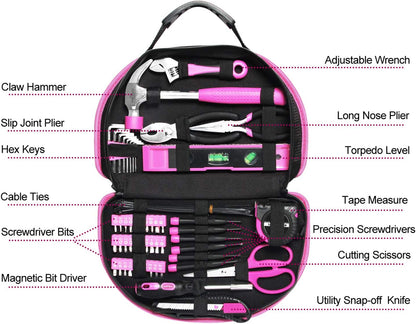 89 Piece Pink Tool kit, Ladies Hand Tool Set with Easy Carrying Round Pouch Household Tool Kit Perfect for DIY, Home Maintenance and Dorm Repair | Compact & Portable, Perfect for DIY & Home Repair, Includes Round Storage Pouch