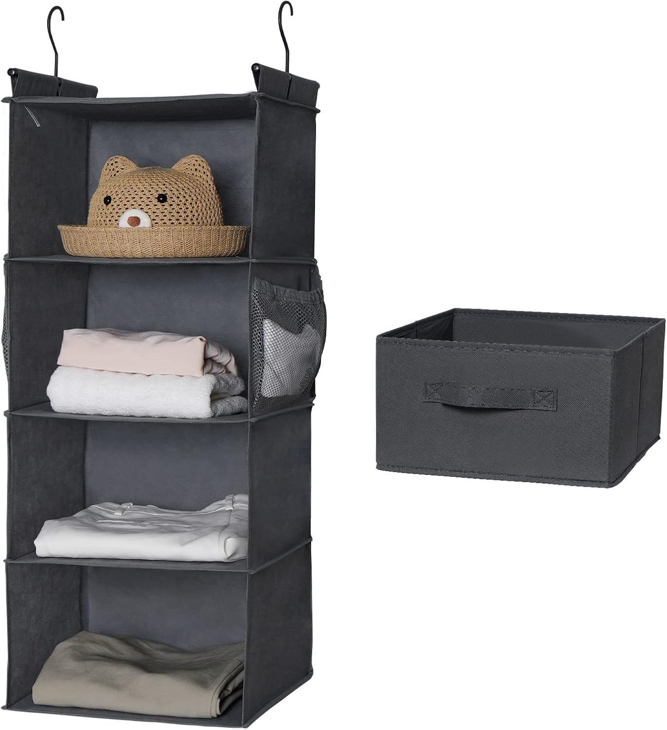 MAX Houser 4-Shelf Hanging Closet Organizer, Space Saver, Cloth Hanging Shelves with 2 Side Pockets, Foldable (Beige)