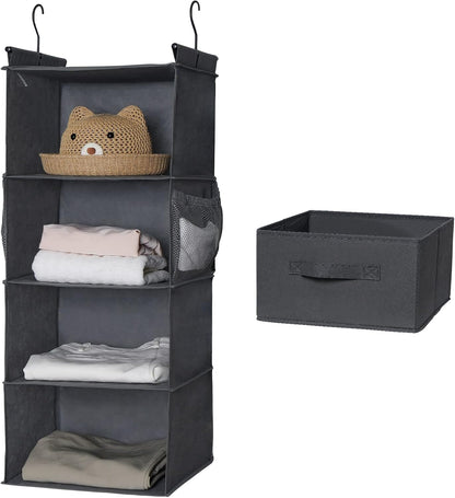 MAX Houser 4-Shelf Hanging Closet Organizer, Space Saver, Cloth Hanging Shelves with 2 Side Pockets, Foldable (Beige)