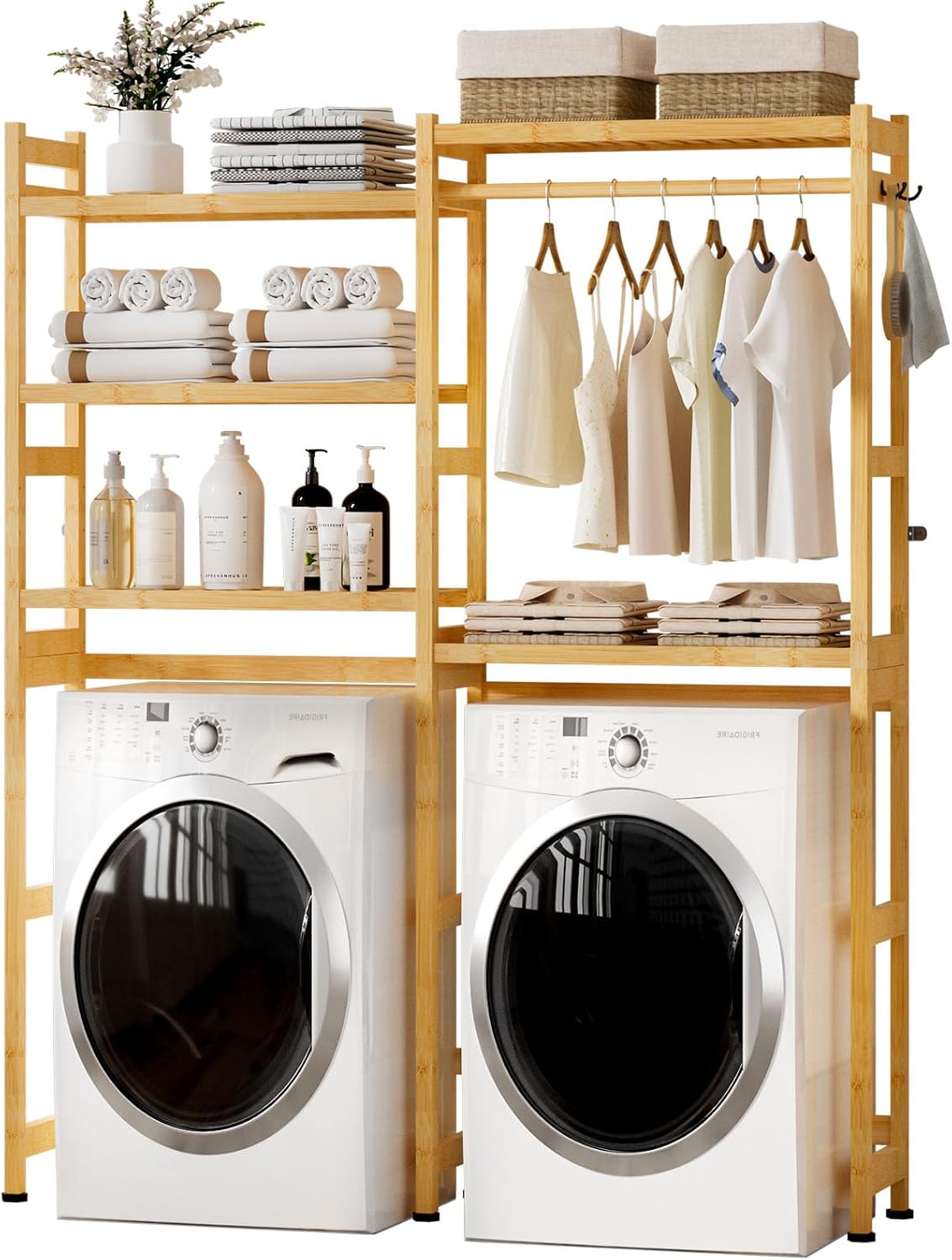 Cozivolife Over The Washer and Dryer Storage Shelf Bamboo,5 Tiers Laundry Room Drying Rack with Adjustable Shelves and 4 Hooks,Space Saver Organizer for Hanging Clothes and Towels (White)