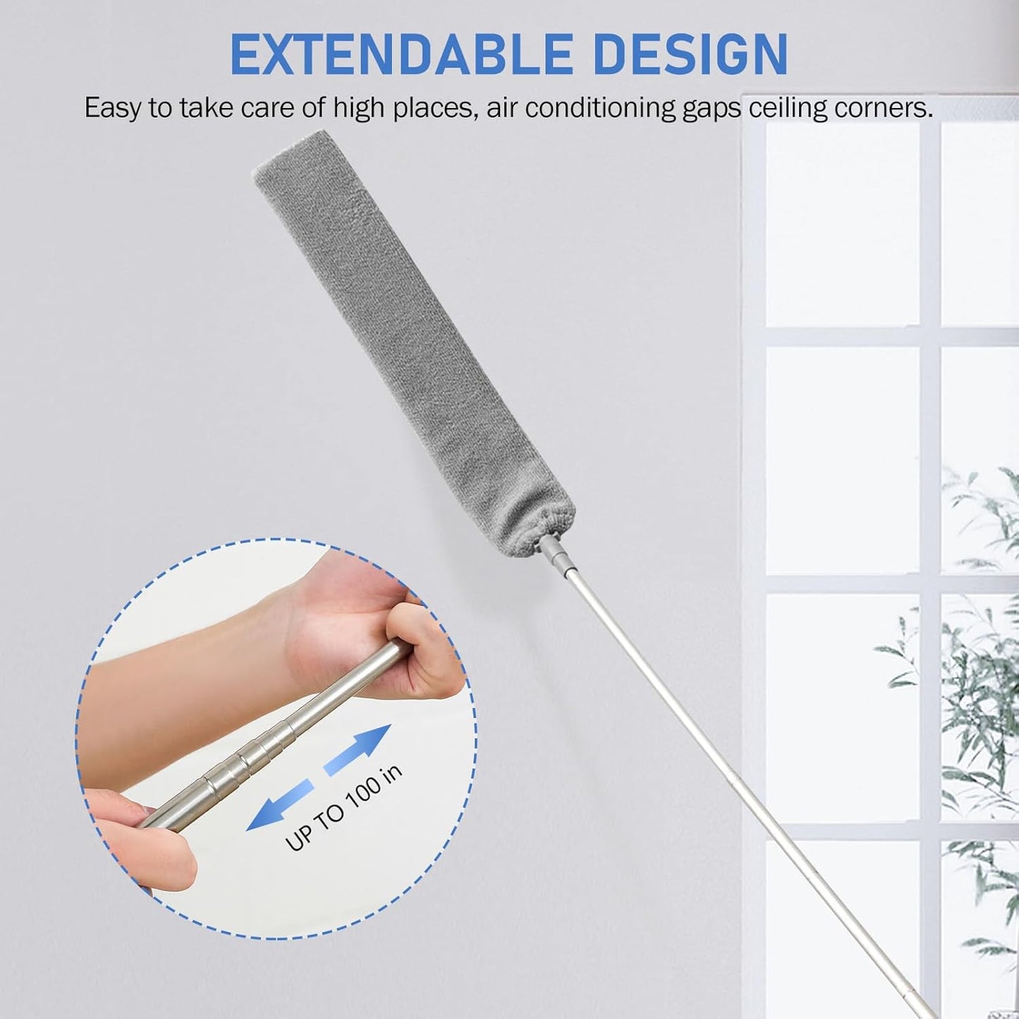 SetSail Extra-Long Dusters with Extension Pole 100-inch for Cleaning, Bendable Microfiber Head Washable Ceiling Fan Duster for High Ceilings, Furniture
