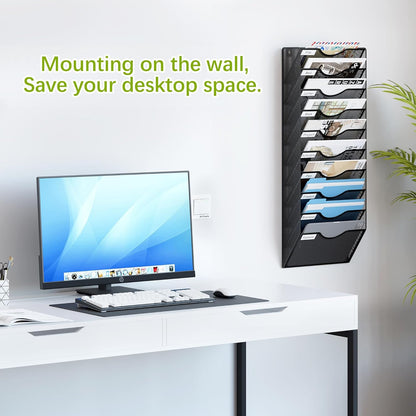 EasyPAG 5 Pocket Mesh Wall File Organizer with Key Hooks, Hanging Paper Folder Holder with Classify Label, Vertical Wall Mount Mail Organizer for Office Home Classroom, Black