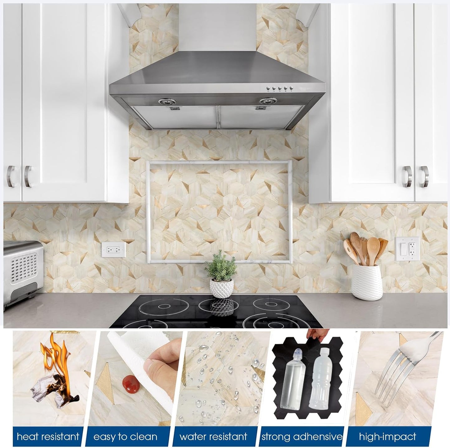 10-Sheet Heavy-Duty Hexagon Peel and Stick Backsplash, Thick Waterproof &Heat Resistant Stick on Wall Tiles, Slate Beige Mosaic for Kitchen & Bathroom, Strong Adhesive Permanent PVC Tiles