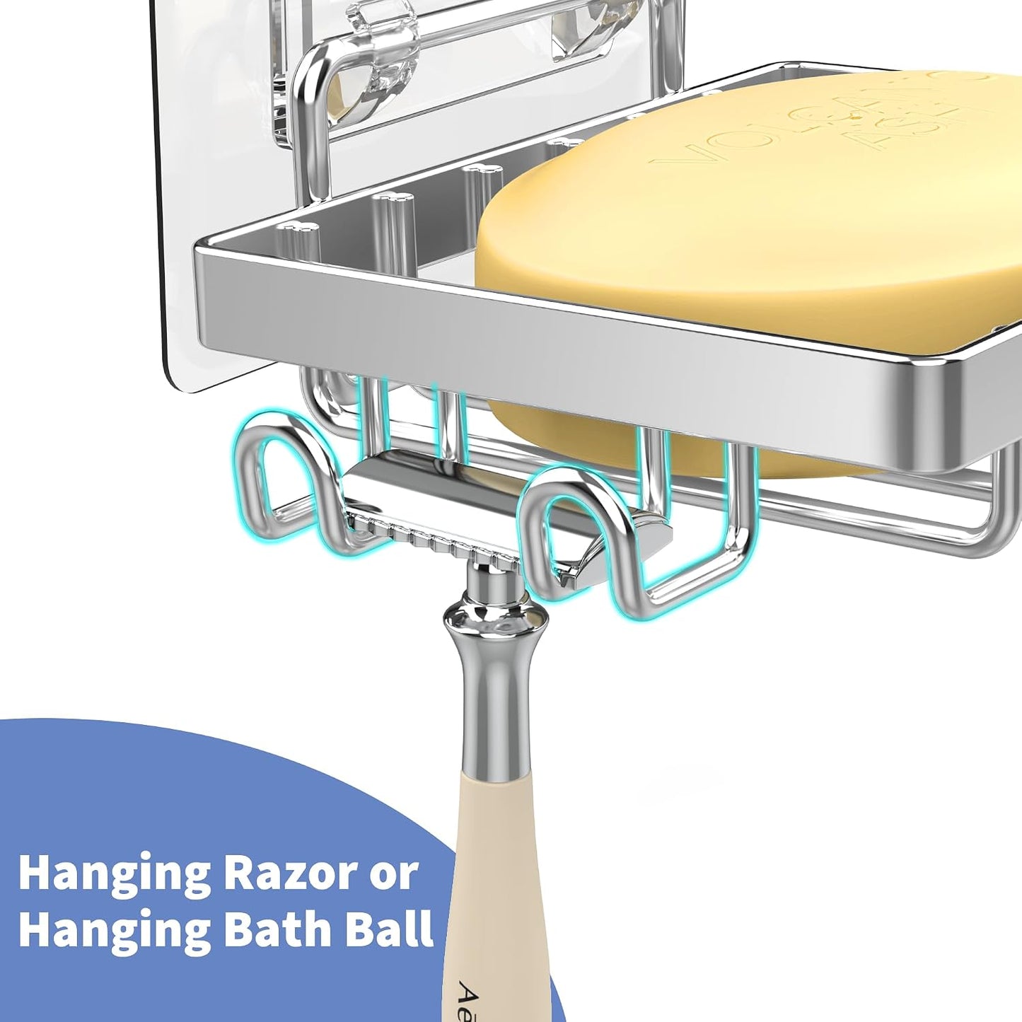 Moforoco Double Soap Bar Holder for Shower, No Drilling, 304 Stainless Steel, Wall Mounted Soap Holder with 4 Hooks and Razor Holder, Shower Rack Soap Tray Bar Soap for Bathroom Accessories Organizer
