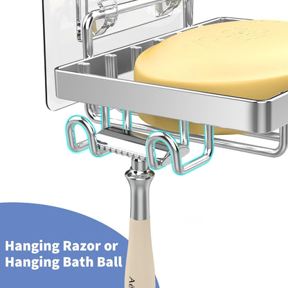 Moforoco Double Soap Bar Holder for Shower, No Drilling, 304 Stainless Steel, Wall Mounted Soap Holder with 4 Hooks and Razor Holder, Shower Rack Soap Tray Bar Soap for Bathroom Accessories Organizer