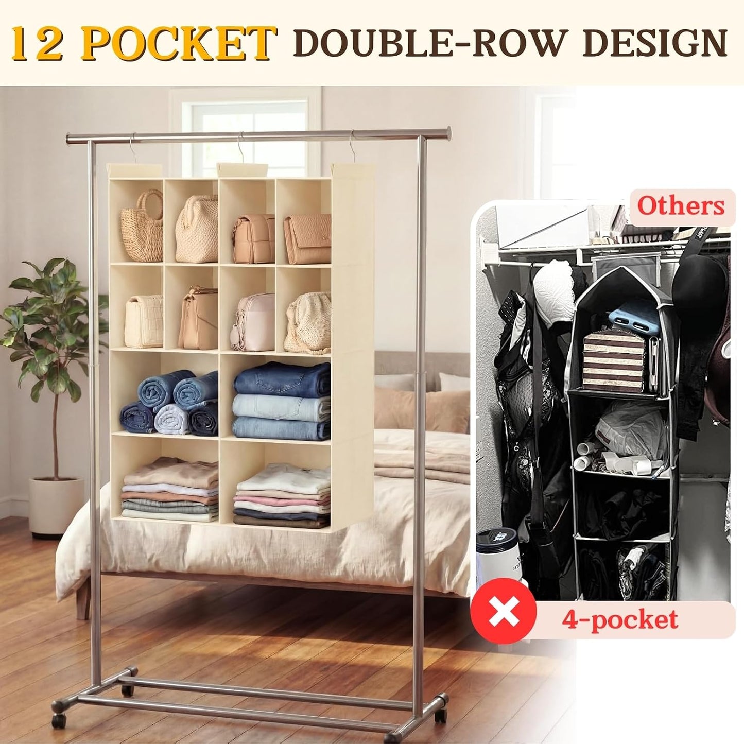 Ofiray-home 6 Tier Hanging Closet Organizer, 16 Compartments Sweater Organizer for Closet with 3 Sturdy Hooks, Closet Organizers and Storage, Wardrobe, Rv, Garment Rack, Grey