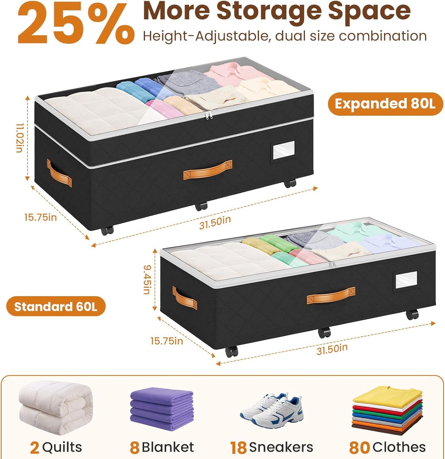 Budding Joy 80L 2 Pack Adjustable Under Bed Storage with Wheels | Underbed containers with clear lids, rolling under bed shoe storage organizer for dorm home clothes, blankets, toys, black