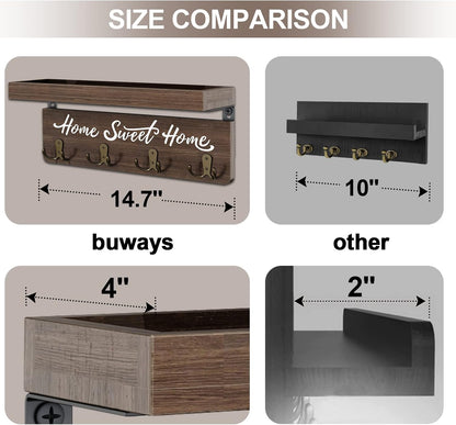 buways Key Holder Wall Mount with 4 Double Hooks-Solid Wood Wall-Mounted Organizer for Keys&Mail Rustic Key Rack Hanger Holder Home Decor for Entryway Living Room (Gray)