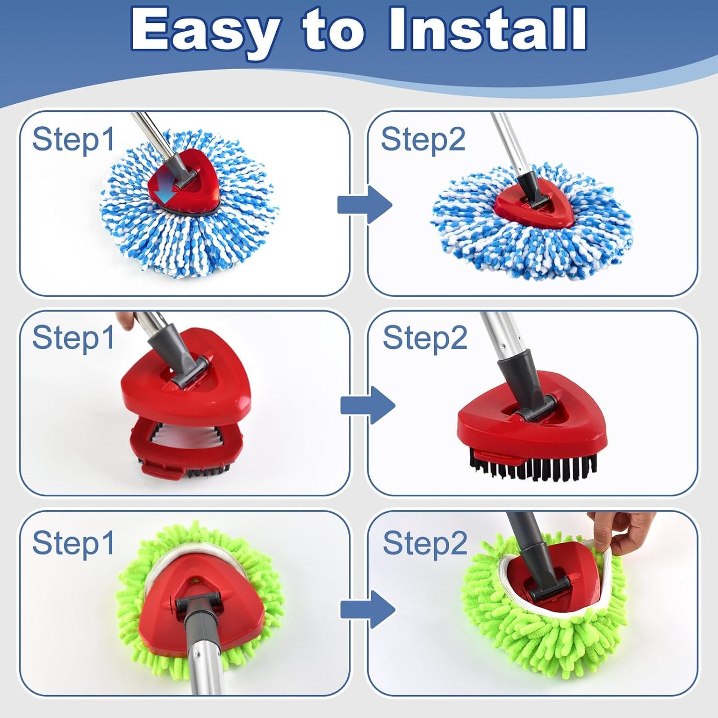 Mop Heads for O Cedar RinseClean 2 Tank Spin Mop System, 3 Microfiber Mop Head Refills and 3 Chenille Mop Pads,1 Scrub Brush, and 1 Mop Base with Mop Handle Set Combo